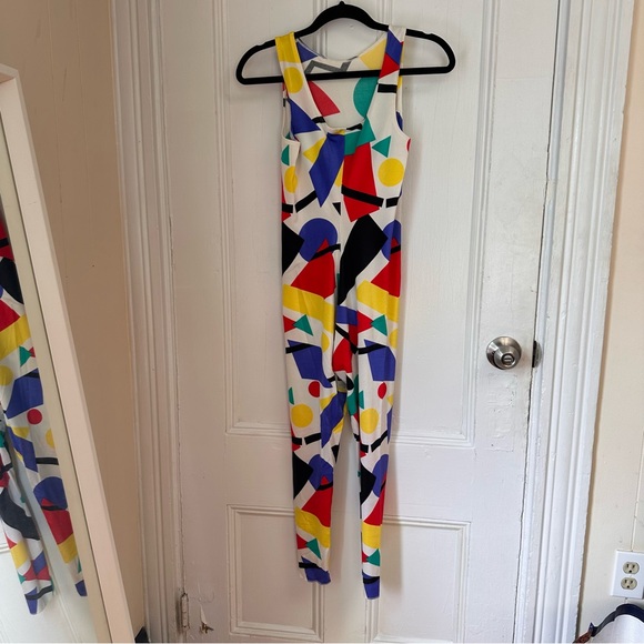 Vintage 90s Stretchy Bright Quirky Graphic Geometric Multicolor Jumpsuit - Picture 6 of 12